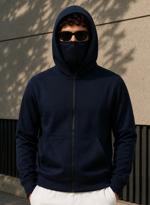 ADRO Balaclava Hoodie for Men | 300 GSM Cotton fleece Warm Fabric| Ski Mask Hooded Jacket for Men | Mens Hoodies with Gloves | Midnight Navy
