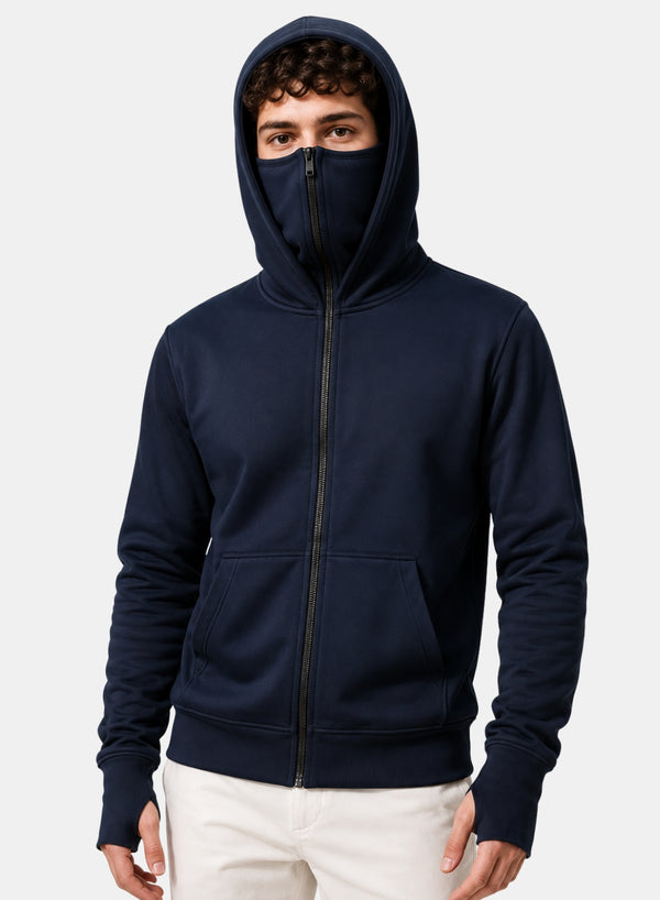 ADRO Balaclava Hoodie for Men | 300 GSM Cotton fleece Warm Fabric| Ski Mask Hooded Jacket for Men | Mens Hoodies with Gloves | Midnight Navy