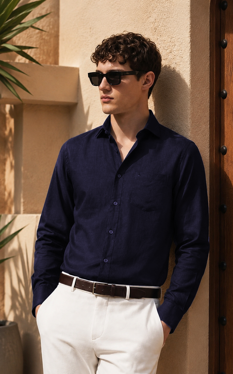 Men's Navy Cotton Linen Shirt | Textured Casual Shirt