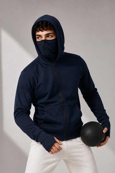 ADRO Balaclava Hoodie for Men | 300 GSM Cotton fleece Warm Fabric| Ski Mask Hooded Jacket for Men | Mens Hoodies with Gloves | Midnight Navy
