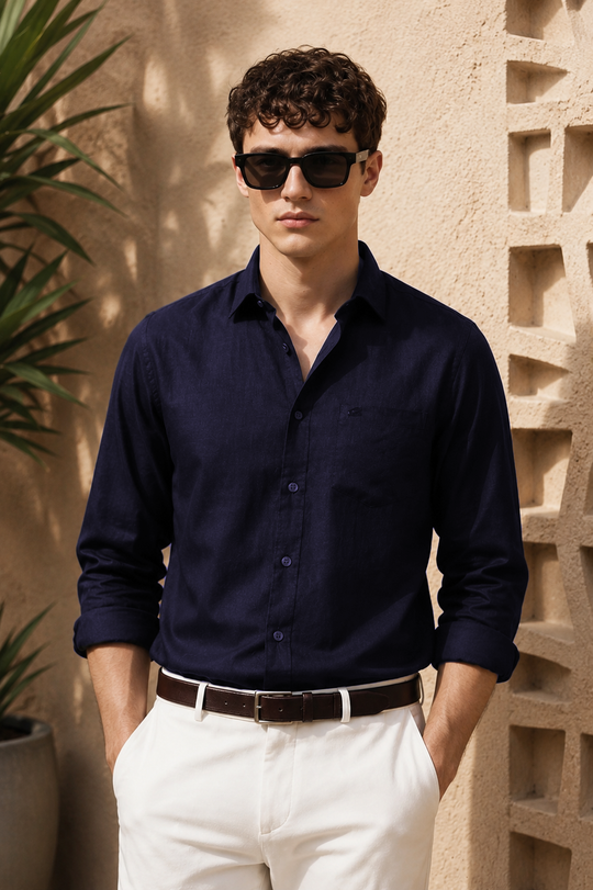Men's Navy Cotton Linen Shirt | Textured Casual Shirt