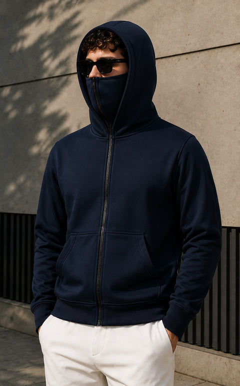 ADRO Balaclava Hoodie for Men | 300 GSM Cotton fleece Warm Fabric| Ski Mask Hooded Jacket for Men | Mens Hoodies with Gloves | Midnight Navy