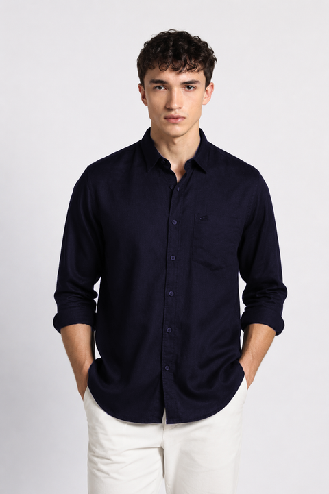 Men's Navy Cotton Linen Shirt | Textured Casual Shirt