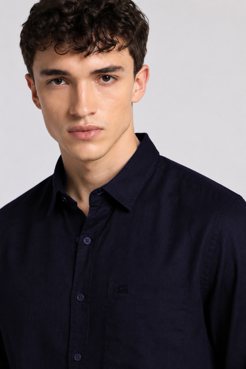 Men's Navy Cotton Linen Shirt | Textured Casual Shirt