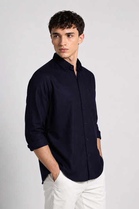 Men's Navy Cotton Linen Shirt | Textured Casual Shirt