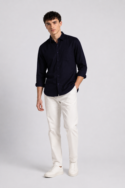 Men's Navy Cotton Linen Shirt | Textured Casual Shirt