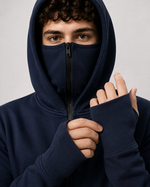 ADRO Balaclava Hoodie for Men | 300 GSM Cotton fleece Warm Fabric| Ski Mask Hooded Jacket for Men | Mens Hoodies with Gloves | Midnight Navy