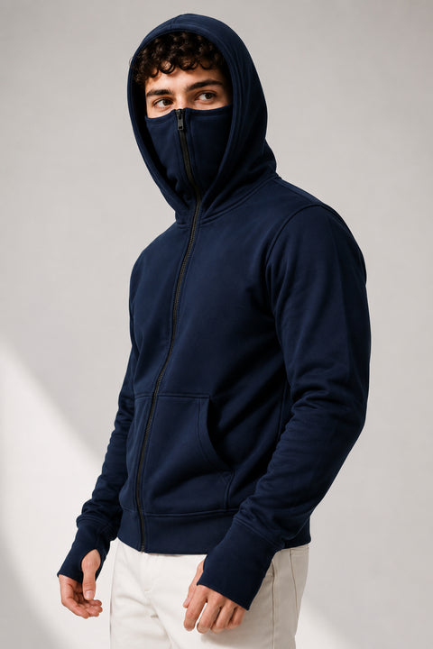 ADRO Balaclava Hoodie for Men | 300 GSM Cotton fleece Warm Fabric| Ski Mask Hooded Jacket for Men | Mens Hoodies with Gloves | Midnight Navy