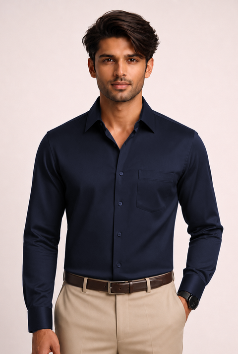 ADRO Premium Cotton Satin Shirt for Men | Casual Fit Solid Full Sleeve Shirt in Midnight Navy