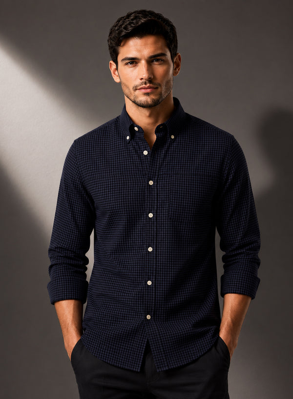 ADRO Men's Midnight Navy Micro Check Slim Fit Casual Shirt