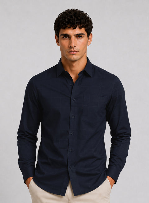 ADRO Men's Textured Windowpane Check Shirt - Navy Blue