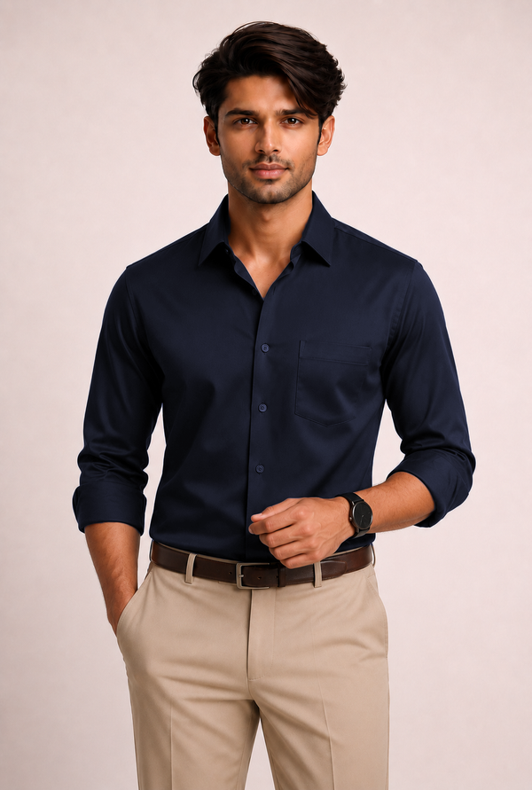 ADRO Premium Cotton Satin Shirt for Men | Casual Fit Solid Full Sleeve Shirt in Midnight Navy