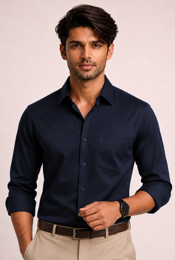 ADRO Premium Cotton Satin Shirt for Men | Casual Fit Solid Full Sleeve Shirt in Midnight Navy