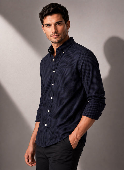 ADRO Men's Midnight Navy Micro Check Slim Fit Casual Shirt