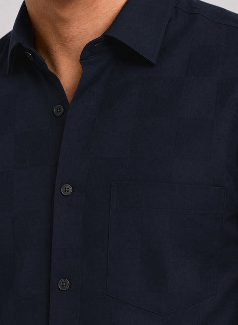 ADRO Men's Textured Windowpane Check Shirt - Navy Blue