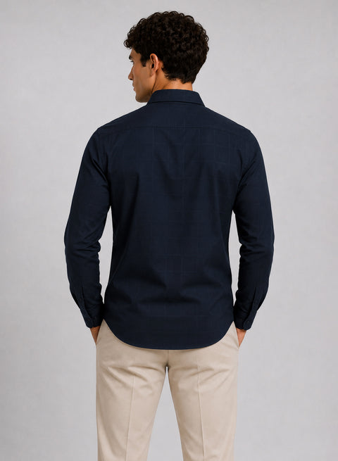 ADRO Men's Textured Windowpane Check Shirt - Navy Blue