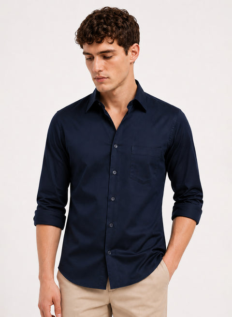ADRO Premium Cotton Satin Shirt for Men | Casual Fit Solid Full Sleeve Shirt in Midnight Navy