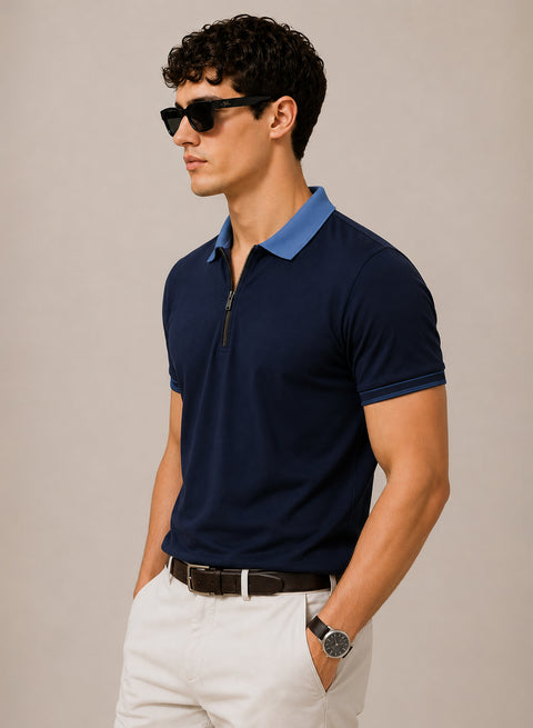 Mens Premium Cotton Polo T-Shirt | 220 GSM Soft Fabric | Casual stylish Look | Zipper Polo Design Polo T shirt | Polo Tshirt for All-Day Wear | Deep Navy Blue
