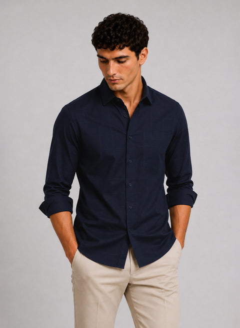 ADRO Men's Textured Windowpane Check Shirt - Navy Blue