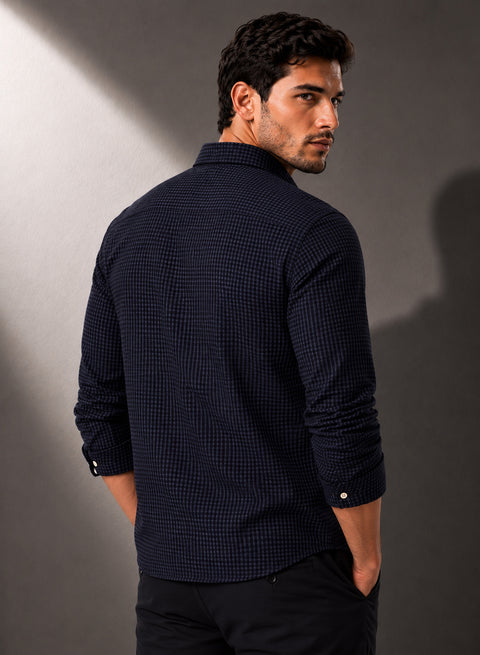 ADRO Men's Midnight Navy Micro Check Slim Fit Casual Shirt