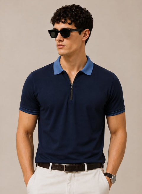 Mens Premium Cotton Polo T-Shirt | 220 GSM Soft Fabric | Casual stylish Look | Zipper Polo Design Polo T shirt | Polo Tshirt for All-Day Wear | Deep Navy Blue