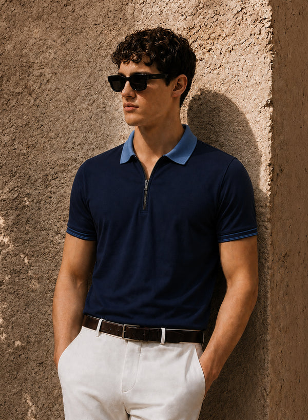 Mens Premium Cotton Polo T-Shirt | 220 GSM Soft Fabric | Casual stylish Look | Zipper Polo Design Polo T shirt | Polo Tshirt for All-Day Wear | Deep Navy Blue