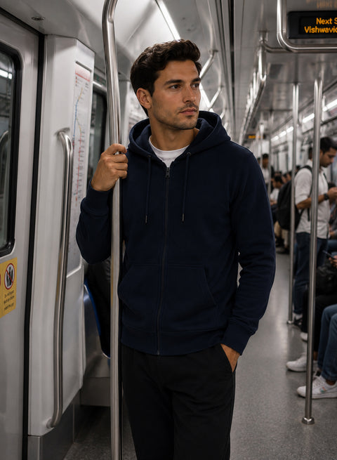 ADRO Zipper Hoodie for Men | 300 GSM Cotton Hoodies | Regular Fit Jacket for Men with Pockets | Sweatshirts with Zipper for Men | Midnight Navy