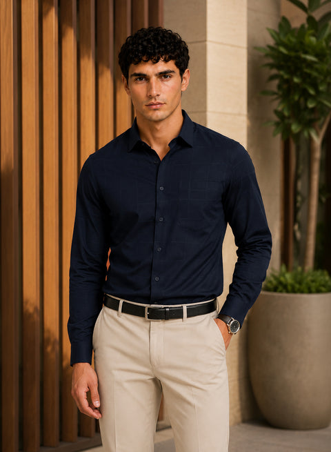 ADRO Men's Textured Windowpane Check Shirt - Navy Blue