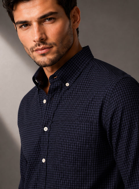 ADRO Men's Midnight Navy Micro Check Slim Fit Casual Shirt