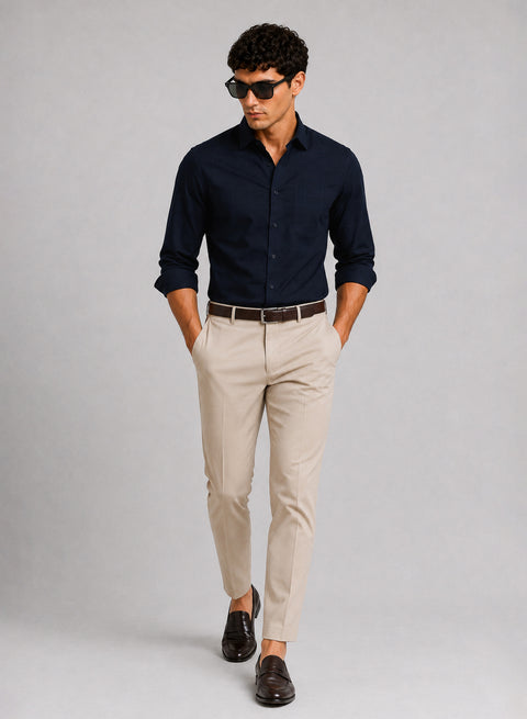 ADRO Men's Textured Windowpane Check Shirt - Navy Blue