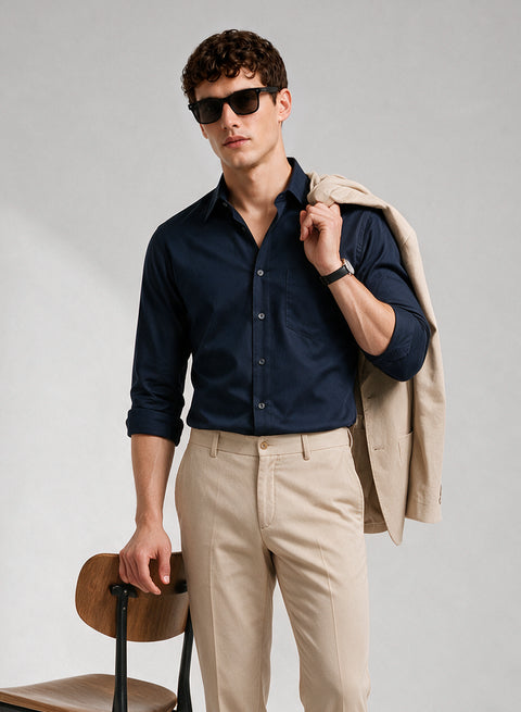 ADRO Men's Premium Cotton Satin Shirt | Solid Full Sleeve Casual Shirt | Regular Fit | Navy Blue