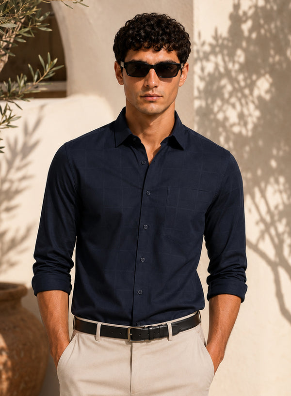 ADRO Men's Textured Windowpane Check Shirt - Navy Blue