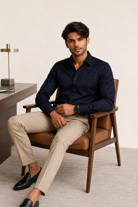 ADRO Premium Cotton Satin Shirt for Men | Casual Fit Solid Full Sleeve Shirt in Midnight Navy