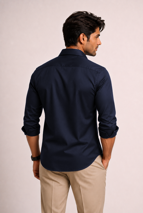 ADRO Premium Cotton Satin Shirt for Men | Casual Fit Solid Full Sleeve Shirt in Midnight Navy