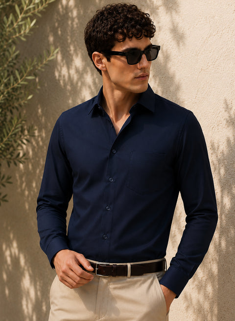ADRO Men's Premium Cotton Satin Shirt | Solid Full Sleeve Casual Shirt | Regular Fit | Navy Blue