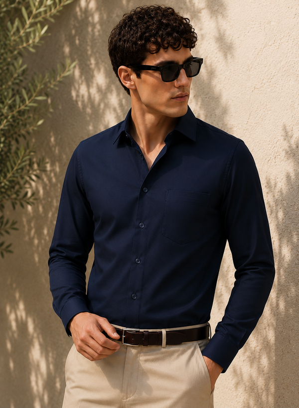 ADRO Premium Cotton Satin Shirt for Men | Casual Fit Solid Full Sleeve Shirt in Midnight Navy