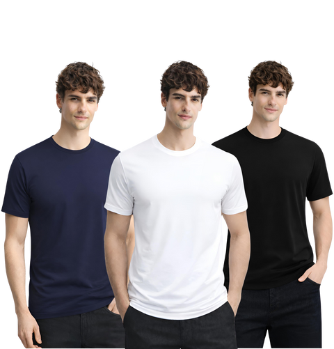 Men’s Cotton T-Shirt Combo Pack of 3 | Regular Fit | ADRO Basics Navy Blue, White, Black