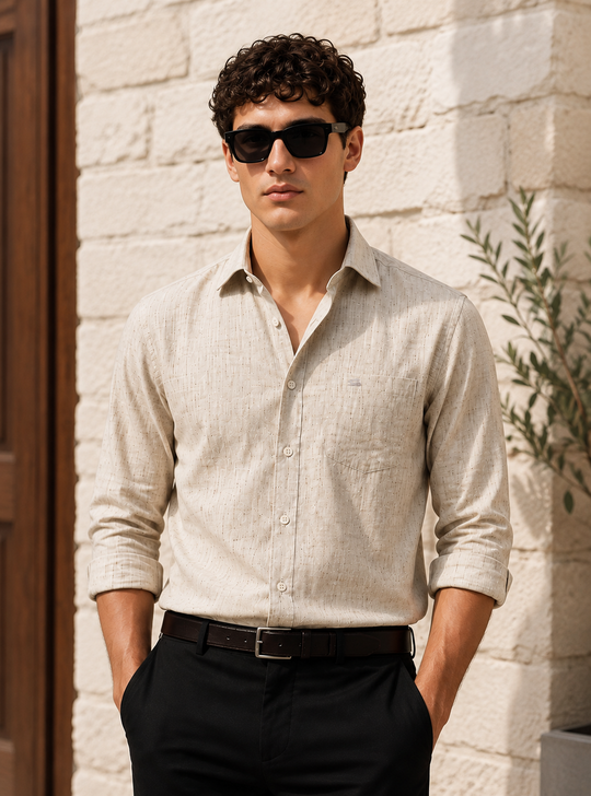 Men's Ecru Cotton Linen Shirt | Textured Casual Shirt