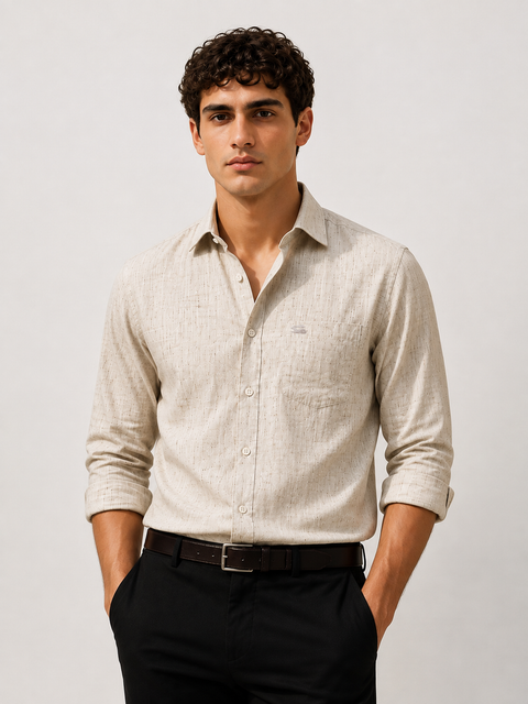 Men's Ecru Cotton Linen Shirt | Textured Casual Shirt