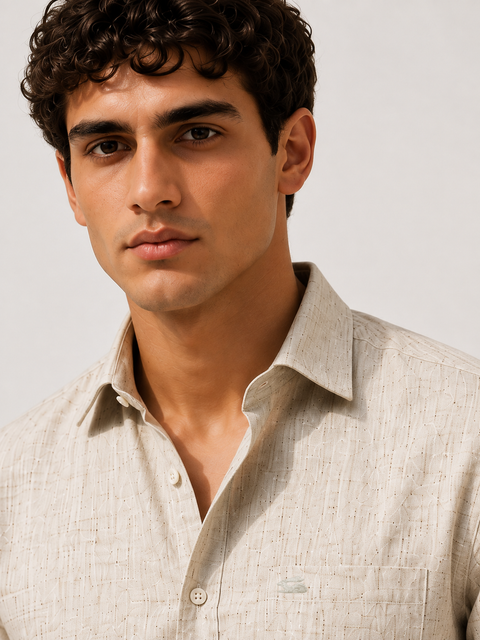 Men's Ecru Cotton Linen Shirt | Textured Casual Shirt