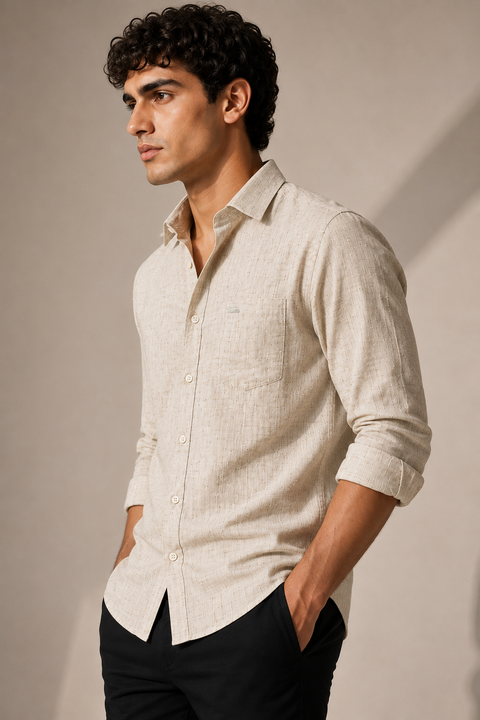 Men's Ecru Cotton Linen Shirt | Textured Casual Shirt