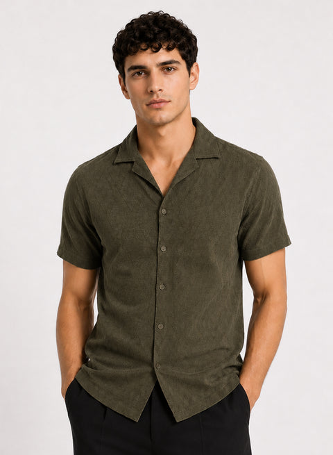 ADRO Men's Textured Cuban Collar Jacquard Shirt - Olive Green