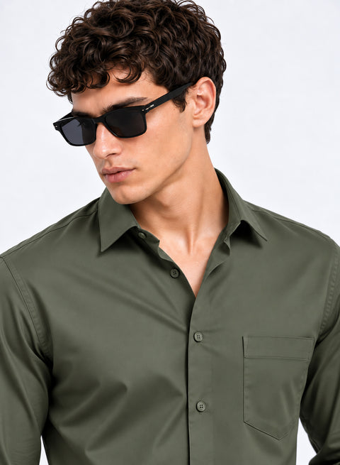 ADRO Men's Premium Cotton Satin Shirt | Solid Full Sleeve Casual Shirt | Regular Fit | Olive