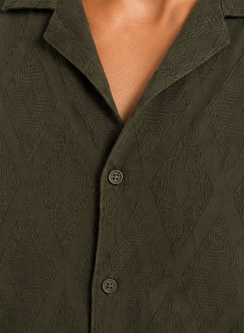 ADRO Men's Textured Cuban Collar Jacquard Shirt - Olive Green