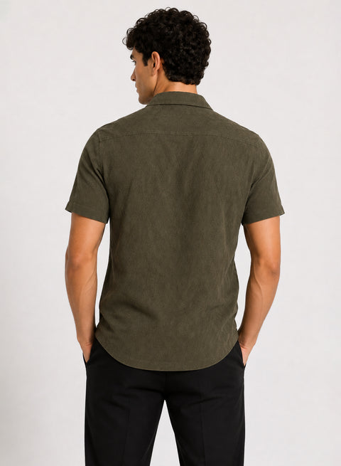 ADRO Men's Textured Cuban Collar Jacquard Shirt - Olive Green