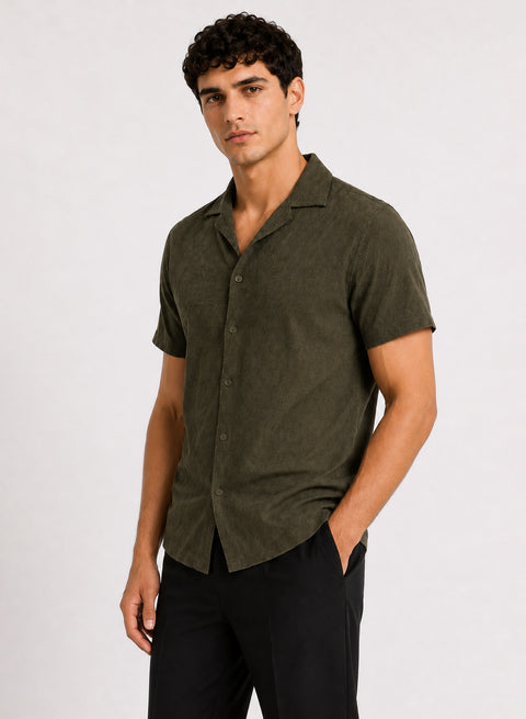 ADRO Men's Textured Cuban Collar Jacquard Shirt - Olive Green