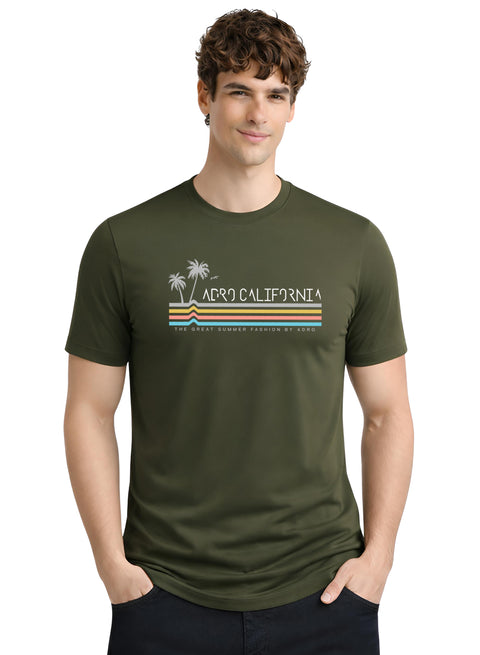 Adro Mens California Graphic T-Shirt | Retro Stripe Print Cotton Summer Tshirt | Stylish Beach T shirt | Comfortable Graphic Tee Olive