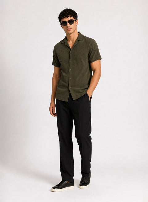 ADRO Men's Textured Cuban Collar Jacquard Shirt - Olive Green