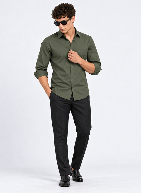 ADRO Men's Premium Cotton Satin Shirt | Solid Full Sleeve Casual Shirt | Regular Fit | Olive