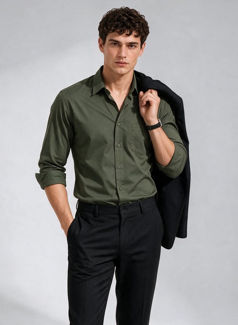 ADRO Men's Premium Cotton Satin Shirt | Solid Full Sleeve Casual Shirt | Regular Fit | Olive